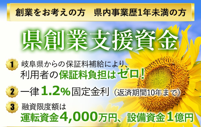 創業をお考えの方、県内事業歴1年未満の方へ「県創業支援資金」岐阜県からの保証料補給により、利用者の保証料負担はゼロ！一律1.2％固定金利（返済期間10年まで）融資限度額は運転資金4,000万円、設備資金1億円